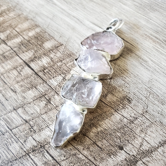 Natural Rough Rose Quartz Gemstones Set in 925 Sterling Silver Pendant, NWT - Picture 6 of 16
